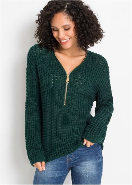 Gruby sweter dzianinowy z zamkiem. Zielone swetry bonprix, bez wzorów, z dzianiny, bez ramiączek. Za 119.99 zł.