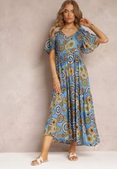 Niebieska Wiskozowa Sukienka Maxi w Kwiaty z Rozkloszowanym Dołem i Falbanką Pathna. Niebieskie sukienki Renee, na co dzień, s, bez wzorów, z wiskozy, bez kołnierzyka, bez ramiączek, maxi, rozkloszowane. Za 59.99 zł.