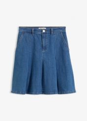 Spódnica jeansowa, z zakładkami, mid waist. Niebieskie spódnice bonprix, bez wzorów, z jeansu. Za 149.99 zł.