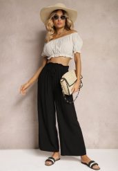 Czarne Spodnie z Bawełny Typu Palazzo High Waist z Gumką w Talii Nelsaria. Czarne spodnie materiałowe Renee, na co dzień, l, bez wzorów, z bawełny, z podwyższonym stanem. Za 34.99 zł.