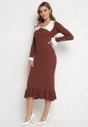Ciemnobrązowa Dzianinowa Sukienka Retro z Wiskozą z Kołnierzykiem i Falbanami Hanlira. Brązowe sukienki Born2be, na co dzień, s, bez wzorów, z dzianiny, eleganckie, bez kołnierzyka, bez ramiączek, midi, ołówkowe. Za 149.99 zł.