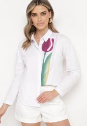 Biała Koszula z Nadrukiem Tulipana z Bawełny Aelirava. Białe koszule Born2be, l, bez wzorów, z bawełny, boho, bez kołnierzyka, bez ramiączek. Za 119.99 zł.