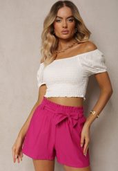 Fuksjowe Szorty Bermudy High Waist z Dodatkiem Bawełny Wiązane w Pasie Quisevia. Czerwone szorty Renee, bez wzorów, z bawełny, z podwyższonym stanem. Za 44.99 zł.