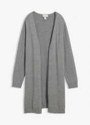 Długi sweter rozpinany z wywiniętym brzegiem. Szare kardigany bonprix, bez wzorów. Za 109.99 zł.