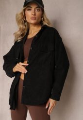 Czarna Koszula z Guzikami ze Sztruksowego Materiału Ilwenita. Czarne koszule Renee, l, bez wzorów, z jeansu, eleganckie, bez kołnierzyka, bez ramiączek. Za 39.99 zł.