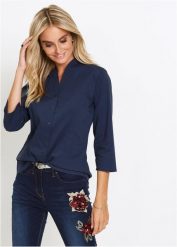 Bluzka ze stójką. Niebieskie bluzki bonprix, bez wzorów, bez kołnierzyka, bez ramiączek. Za 112.99 zł.