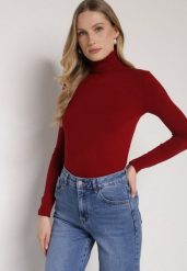 Bordowy Klasyczny Golf z Bawełną Reilisea. Czerwone golfy Born2be, uniwersalny, bez wzorów, z bawełny, bez ramiączek. Za 49.99 zł.