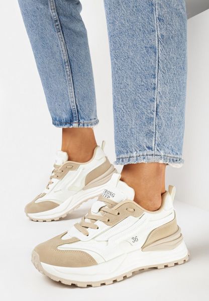 Beżowe Sznurowane Sneakersy z Ozdobnymi Wstawkami i Numerkiem Nelocca. Brązowe obuwie sportowe Born2be, bez zapięcia. Za 54.99 zł.
