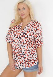 Pomarańczowo-Biała Bluzka z Trójkątnym Dekoltem w Fantazyjny Print Anola. Brązowe bluzki Born2be, xl, bez wzorów, biznesowe, bez kołnierzyka, bez ramiączek. Za 39.99 zł.