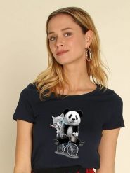 WOOOP Koszulka "Panda Bicycle" w kolorze granatowym rozmiar: M. Niebieskie bluzki Wooop, m, bez wzorów, bez kołnierzyka, bez ramiączek. Za 61.46 zł.