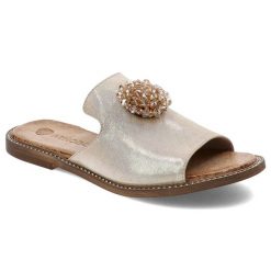 Złote Klapki Armodo Eleganckie Obuwie Damskie. Żółte klapki Armodo, z aplikacjami, z satyny, bez obcasa, na płaskiej podeszwie. Za 359.00 zł.