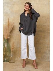 Fleur de Lin Lniana bluzka "Dola" w kolorze antracytowym rozmiar: XXL. Czarne bluzki Fleur de Lin, xxl, bez wzorów, ze lnu, bez kołnierzyka, bez ramiączek. Za 143.99 zł.