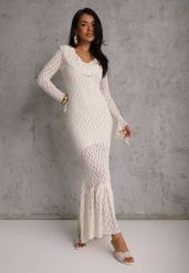 Beżowa Wieczorowa Sukienka z Koronki Zdobiona Falbanami Lunetra. Brązowe sukienki Renee, na imprezę, l, z aplikacjami, z koronki, eleganckie, bez kołnierzyka, bez ramiączek, maxi. Za 179.99 zł.