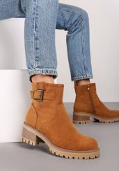 Brązowe Botki w Klasycznym Stylu z Minimalistycznym Paskiem Ardiama. Brązowe botki Renee, bez wzorów, z jeansu, bez obcasa, na obcasie, bez zapięcia. Za 129.99 zł.