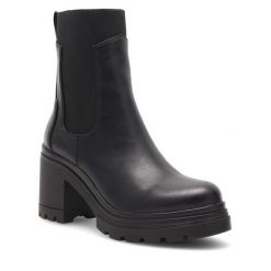 Botki DeeZee. Czarne botki DeeZee, bez wzorów, bez obcasa, na słupku, bez zapięcia. Za 89.99 zł.