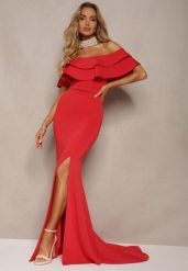 Czerwona Sukienka Wieczorowa o Fasonie Hiszpanki z Rozcięciami i Rozkloszowanym Dołem Ulcini. Czerwone sukienki Renee, na imprezę, l, bez wzorów, eleganckie, bez kołnierzyka, bez ramiączek, maxi, kopertowe. Za 209.99 zł.