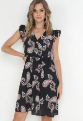 Czarna Rozkloszowana Sukienka z Wiskozy we Wzór Paisley Marinetta. Czarne sukienki Born2be, na imprezę, l, z aplikacjami, z wiskozy, bez kołnierzyka, bez ramiączek, mini, rozkloszowane. Za 64.99 zł.