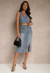 Granatowa Jeansowa Spódnica z Bawełny z Łańcuchem Lilurea. Niebieskie spódnice Renee, na co dzień, l, bez wzorów, z bawełny, eleganckie, midi, koszulowe. Za 49.99 zł.