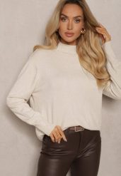 Jasnobeżowy Brokatowy Sweter z Wiskozą i Ozdobnymi Guzikami Onorvia. Brązowe swetry Renee, na zimę, l, bez wzorów, z wiskozy, bez ramiączek. Za 59.99 zł.