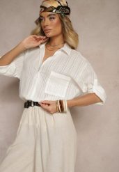 Biała Koszula w Paski z Bawełny z Jedną Kieszonką Liasene. Białe koszule Renee, m, bez wzorów, z bawełny, eleganckie, bez kołnierzyka, bez ramiączek. Za 49.99 zł.