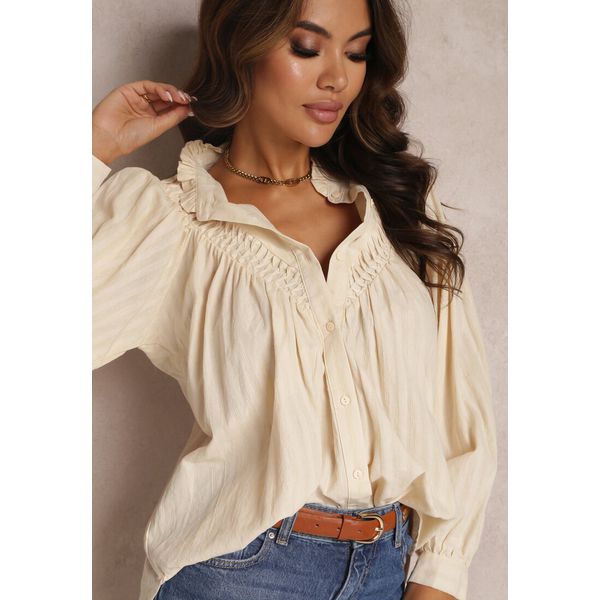 Beżowa Koszula Oversize z Bawełny Endona. Brązowe koszule Renee, l, z aplikacjami, z bawełny, eleganckie, bez kołnierzyka, bez ramiączek. Za 129.99 zł.