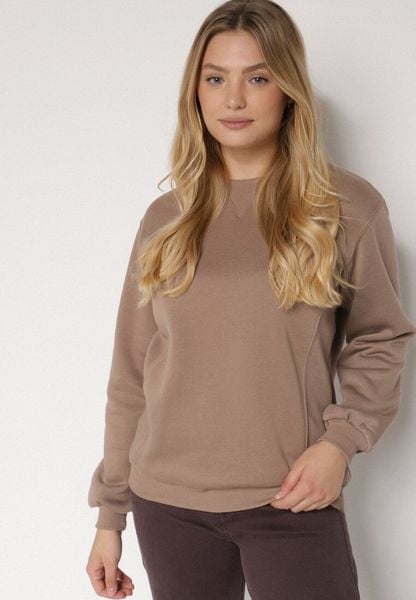 Ciemnobeżowa Bluza z Bawełną Ozdobiona Przeszyciami Fezoria. Brązowe bluzy Born2be, l, bez wzorów, z bawełny, bez kaptura. Za 69.99 zł.