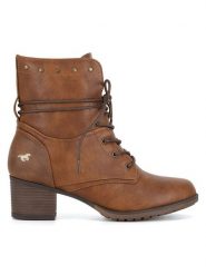 Mustang Botki 1197-508 Brązowy. Brązowe botki Mustang, bez wzorów, z materiału, bez obcasa, na słupku, bez zapięcia. Za 251.99 zł.