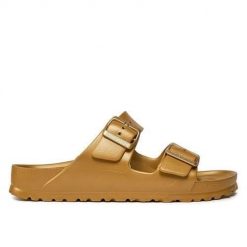 Klapki damskie Birkenstock Arizona Eva. Niebieskie klapki Birkenstock, bez wzorów, z materiału, bez obcasa. Za 304.00 zł.
