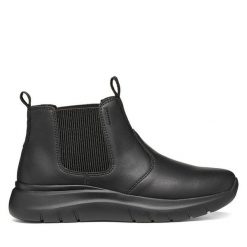 Sztyblety Geox. Czarne botki Geox, bez wzorów, bez obcasa, na płaskiej podeszwie, bez zapięcia. Za 499.99 zł.