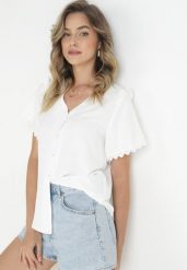 Biała Koszula z Koronką i Trójkątnym Dekoltem Kieratia. Białe koszule Born2be, l, bez wzorów, z koronki, bez kołnierzyka, bez ramiączek. Za 54.99 zł.