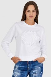 GUESS Biała bluza damska z literką g obszytą płatkami, Rozmiar M. Białe bluzy sportowe Guess, m, z aplikacjami, bez kaptura. W wyprzedaży za 269.99 zł.