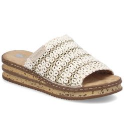 Klapki damskie na koturnie beżowe Rieker 629X8-60. Brązowe klapki Rieker, bez wzorów, z tkaniny, bez obcasa, na koturnie. Za 319.00 zł.