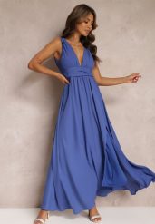 Niebieska Rozkloszowana Sukienka Maxi na Ramiączkach z Rozcięciem Ernames. Niebieskie sukienki Renee, na imprezę, na lato, l, bez wzorów, eleganckie, bez kołnierzyka, bez ramiączek, maxi, kopertowe. Za 49.99 zł.