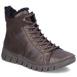 Botki damskie komfortowe czekoladowy brąz Rieker 57512-25. Brązowe botki Rieker, bez wzorów, ze skóry ekologicznej, bez obcasa, bez zapięcia. Za 389.00 zł.