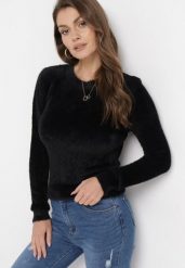 Czarny Wełniany Sweter Puchaty Acesina. Czarne swetry Born2be, l, bez wzorów, z tkaniny, bez ramiączek. Za 44.99 zł.