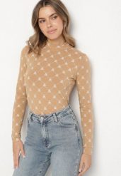 Beżowa Bawełniana Bluzka z Półgolfem Typu Longsleeve z Geometrycznym Wzorem Tilianna. Brązowe bluzki Born2be, l, bez wzorów, z bawełny, biznesowe, bez kołnierzyka, bez ramiączek. Za 39.99 zł.