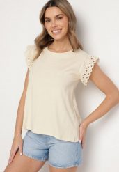 Beżowa Bluzka z Bawełny z Ażurowymi Falbankami Zamiast Rękawów Vodelia. Brązowe bluzki Born2be, l, w ażurowe wzory, z bawełny, bez kołnierzyka, bez ramiączek. Za 34.99 zł.