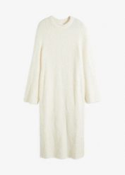 Sukienka dzianinowa z przędzy boucle. Białe sukienki bonprix, bez wzorów, z dzianiny, eleganckie, bez kołnierzyka, bez ramiączek. Za 149.99 zł.