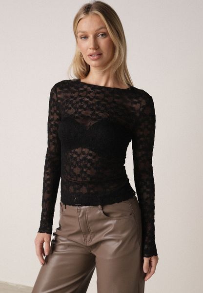 Czarna Bluzka Koronkowa z Transparentnego Materiału Hermatea. Czarne bluzki Born2be, m, bez wzorów, z jeansu, eleganckie, bez kołnierzyka, bez ramiączek. Za 79.99 zł.