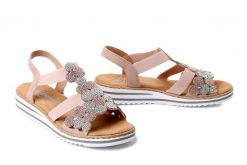 RIEKER V0613-90 pink, sandały damskie. Czerwone sandały Rieker, bez wzorów, bez obcasa, bez zapięcia. Za 255.92 zł.