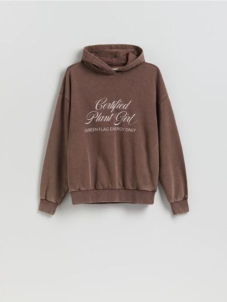 Bluza z nadrukiem - ciemnobrązowy. Brązowe bluzy Reserved, l, bez wzorów, z bawełny, bez kaptura. W wyprzedaży za 39.99 zł.