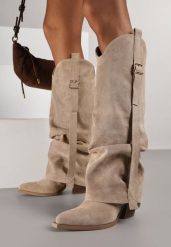 Ciemnobeżowe Kozaki na Stożku Typu Kowbojki Ozdobione Klamrą i Wywiniętą Cholewką Nalirella. Brązowe kozaki Renee, z jeansu, bez obcasa, na obcasie, bez zapięcia. Za 159.99 zł.