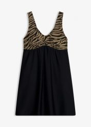 Sukienka kąpielowa z materiału z połyskiem. Czarne sukienki bonprix, na plażę, bez wzorów, bez kołnierzyka, bez ramiączek. Za 179.99 zł.