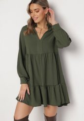 Zielona Luźna Sukienka Mini z Falbanką i Mankietami na Rękawach Vertecja. Zielone sukienki Born2be, bez wzorów, bez kołnierzyka, bez ramiączek, mini. Za 84.99 zł.