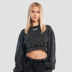 Bluza damska fitness cropped oversize bez kaptura Aura. Czarne bluzy GYMBEAM, l, bez wzorów, z bawełny, bez kaptura. Za 118.90 zł.