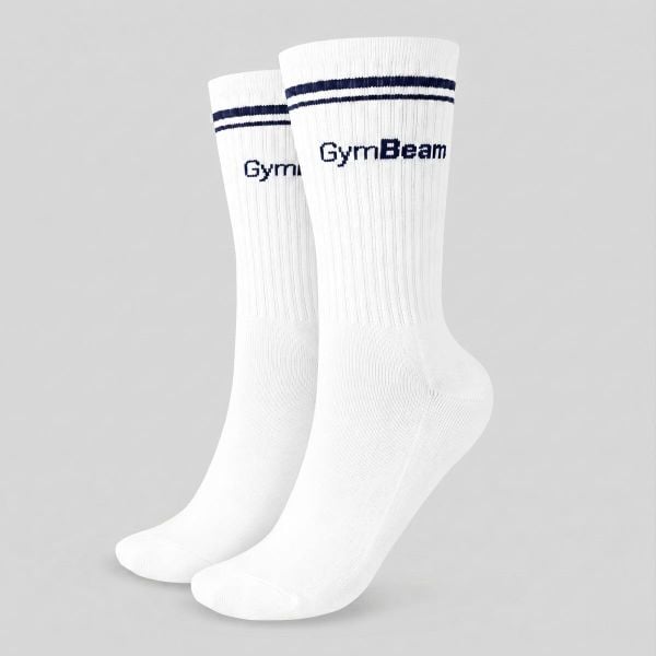 Skarpety unisex fitness 3/4 Crew. Białe skarpety GYMBEAM, z aplikacjami, z bawełny. Za 16.90 zł.
