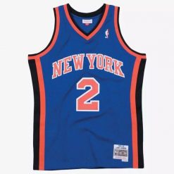 Koszulka NBA New York Knicks Larry Johnson. Niebieskie bluzki Mitchell & Ness, bez wzorów, sportowe, bez kołnierzyka, bez ramiączek. W wyprzedaży za 421.50 zł.