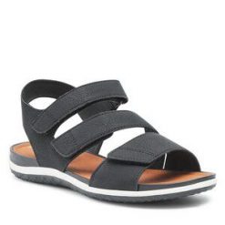Sandały Geox. Czarne sandały Geox, bez wzorów, bez obcasa, na płaskiej podeszwie, bez zapięcia. Za 289.99 zł.
