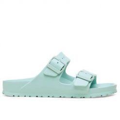 Klapki damskie Birkenstock Arizona Eva. Niebieskie klapki Birkenstock, bez wzorów, z materiału, bez obcasa. Za 369.00 zł.