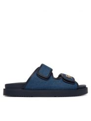 Tommy Hilfiger Klapki Double Strap Denim Sandal FW0FW09123 Niebieski. Niebieskie klapki TOMMY HILFIGER, bez wzorów, z denimu, bez obcasa. Za 489.99 zł.